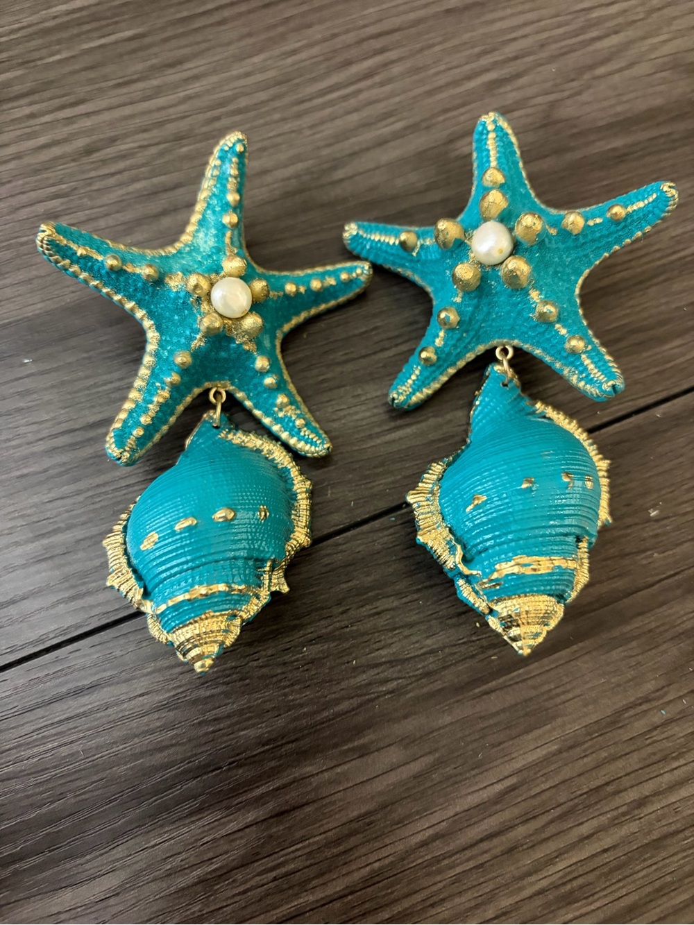 Turquoise Starfish & Shell Statement Earrings - Picture 7 of 8